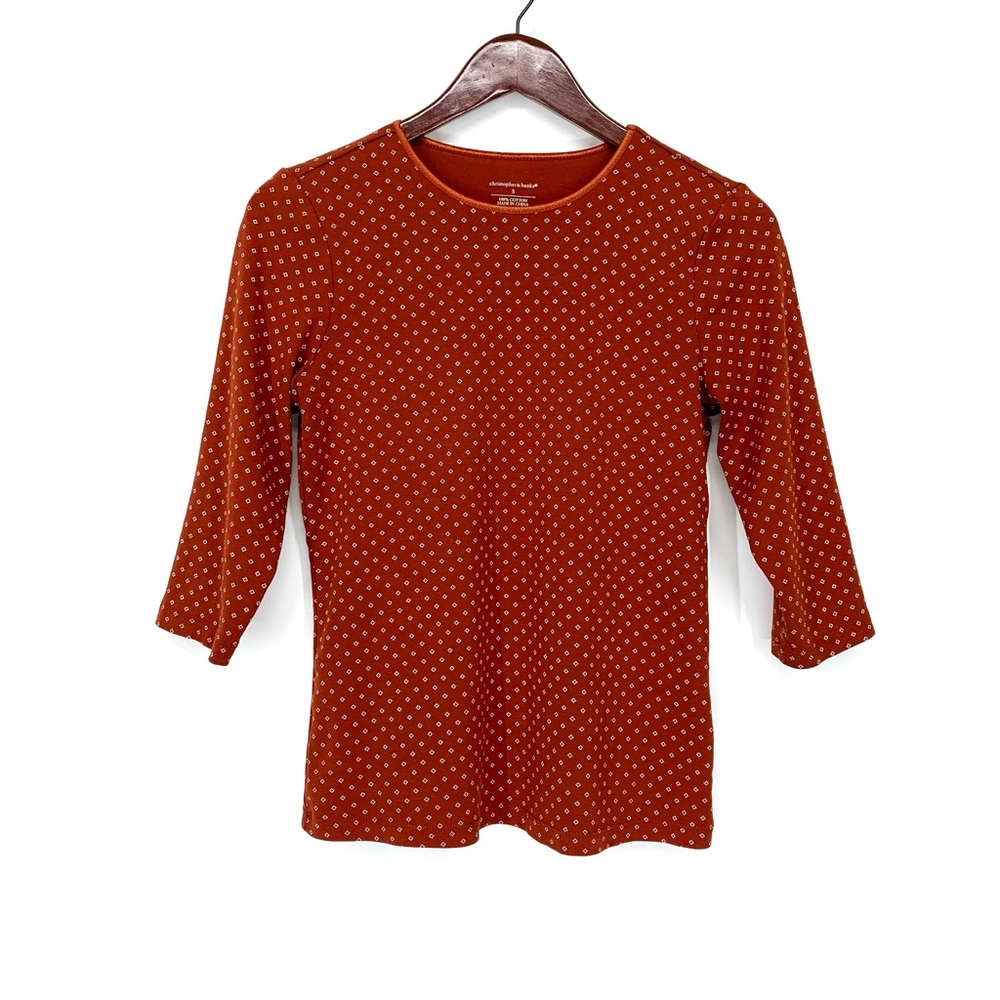 Christopher & Banks Rust Orange Dotted Diamond Print 3/4 Sleeve Crewneck Shirt